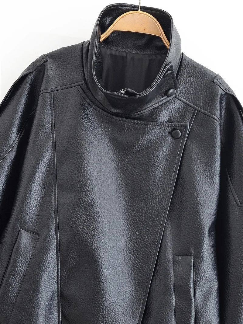Women's Fall 2025 Black Long Sleeve Pebble Faux Leather Motorcycle Jacket