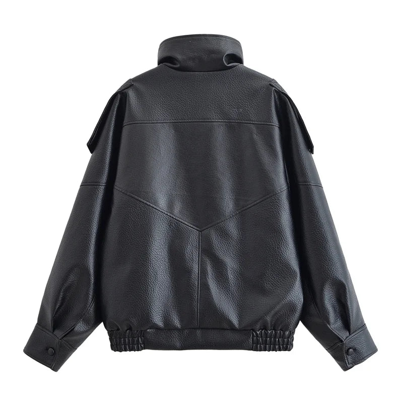 Women's Fall 2025 Black Long Sleeve Pebble Faux Leather Motorcycle Jacket