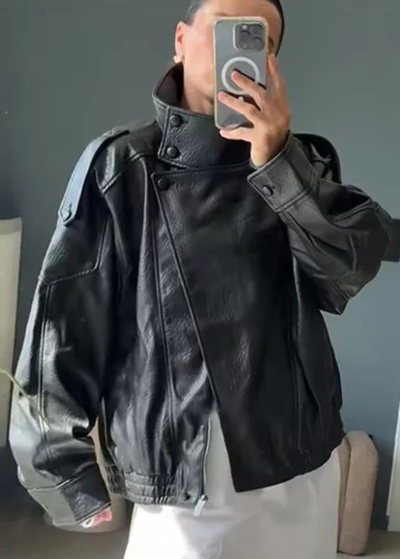 Women's Fall 2025 Black Long Sleeve Pebble Faux Leather Motorcycle Jacket