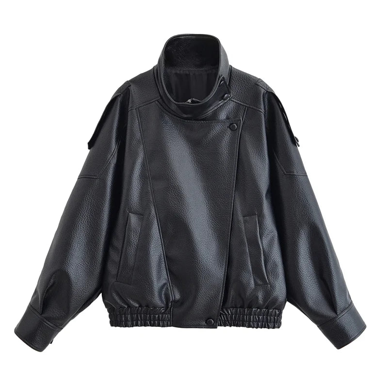 Women's Fall 2025 Black Long Sleeve Pebble Faux Leather Motorcycle Jacket