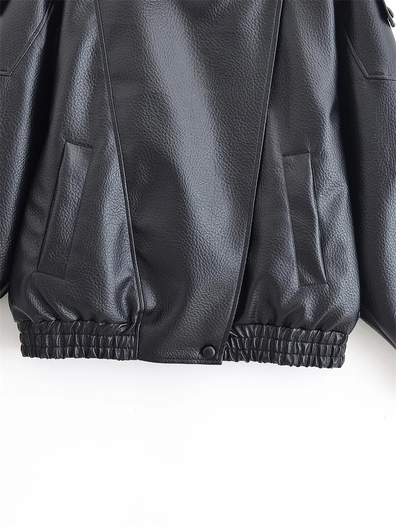 Women's Fall 2025 Black Long Sleeve Pebble Faux Leather Motorcycle Jacket