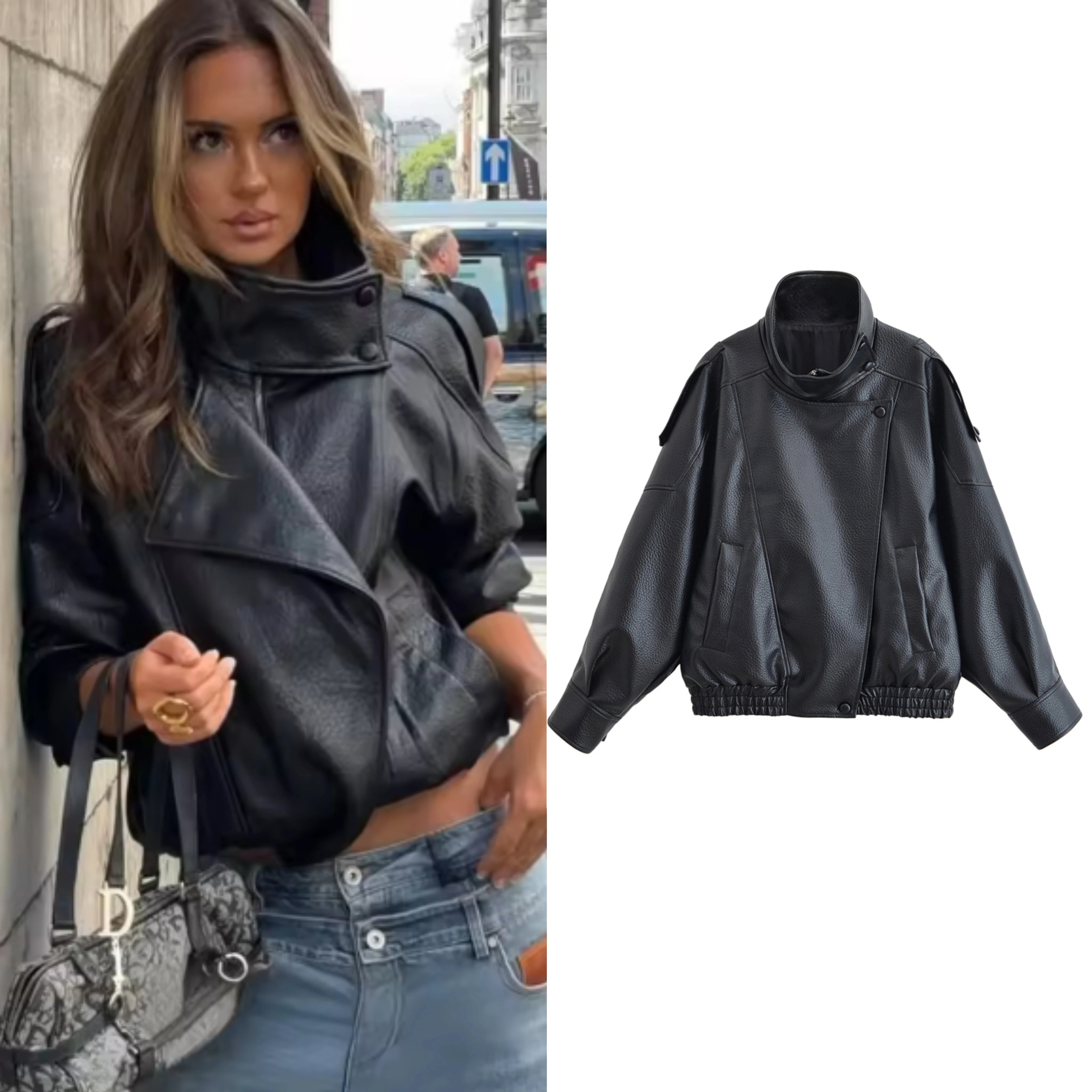 Women's Fall 2025 Black Long Sleeve Pebble Faux Leather Motorcycle Jacket